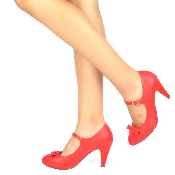 🛍 Women's Vegan Leather Bow Retro Pump Heel Red - Picture 2 of 4